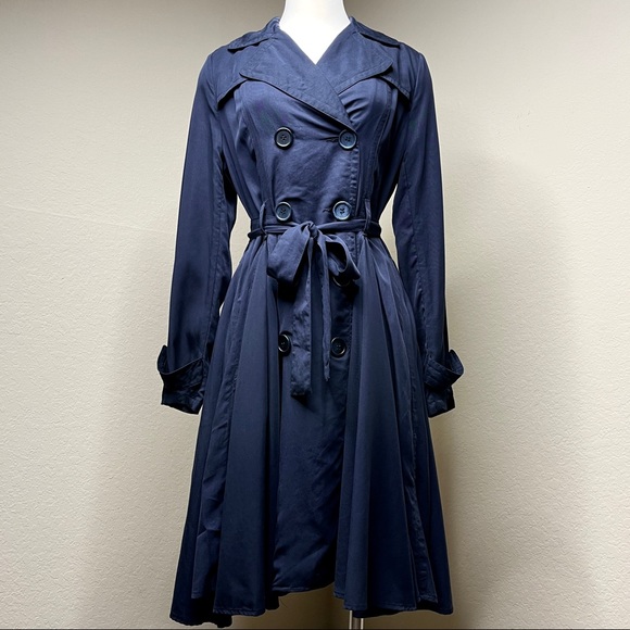 Anthropologie LRA Blue Coat Dress Size M 8 10 Button Front Fit-And-Flare Retro - Picture 2 of 11